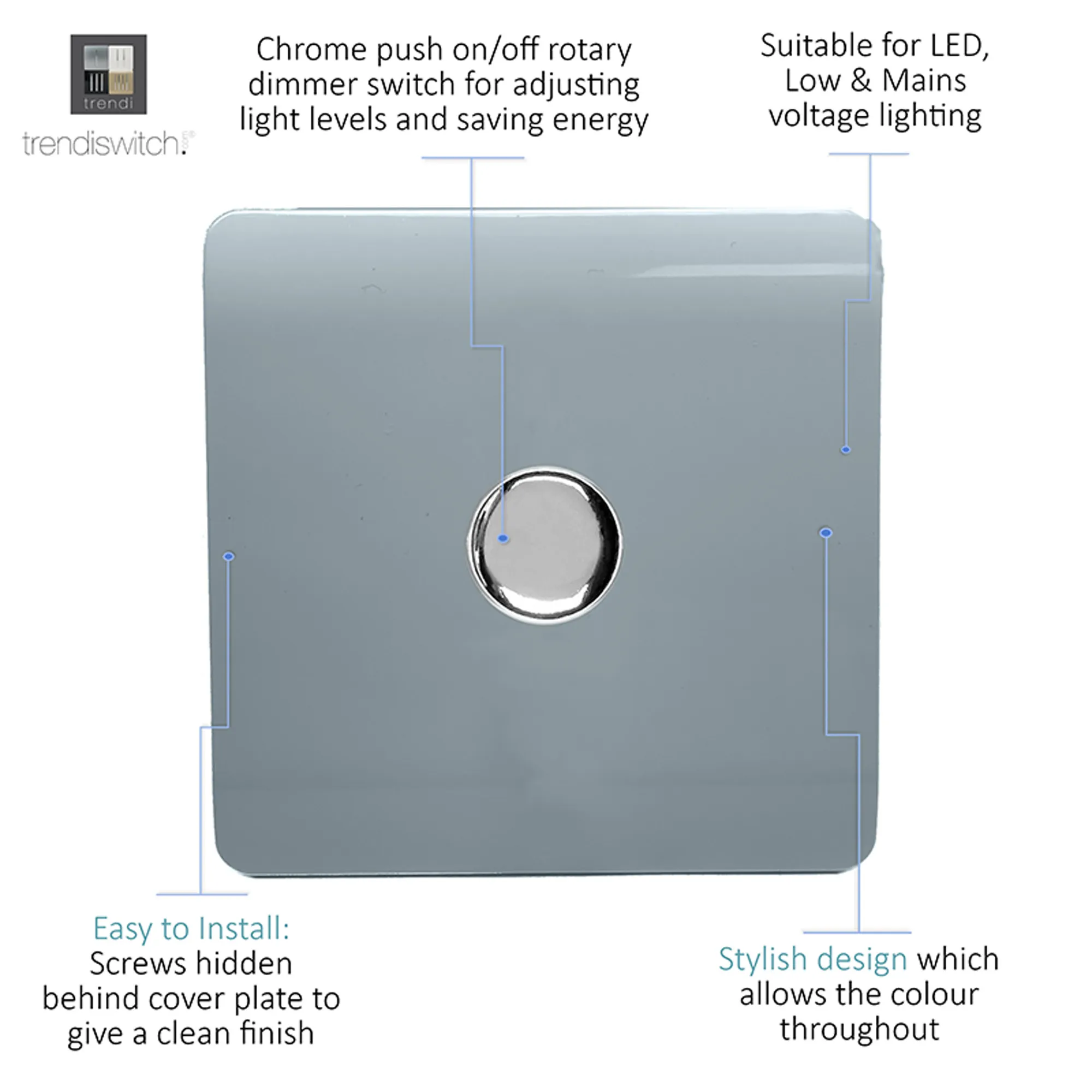 1 Gang 1 Way LED Dimmer Switch Cool Grey ART-LDMCG  Trendi Cool Grey